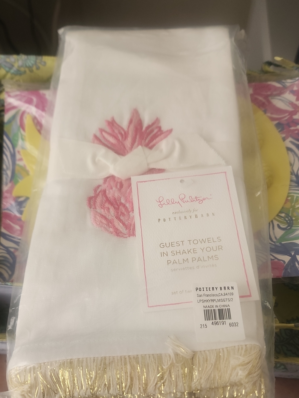Lilly Pulitzer White Guest Hand Towels w/Pink Pineapple Embroidery & Green Palms